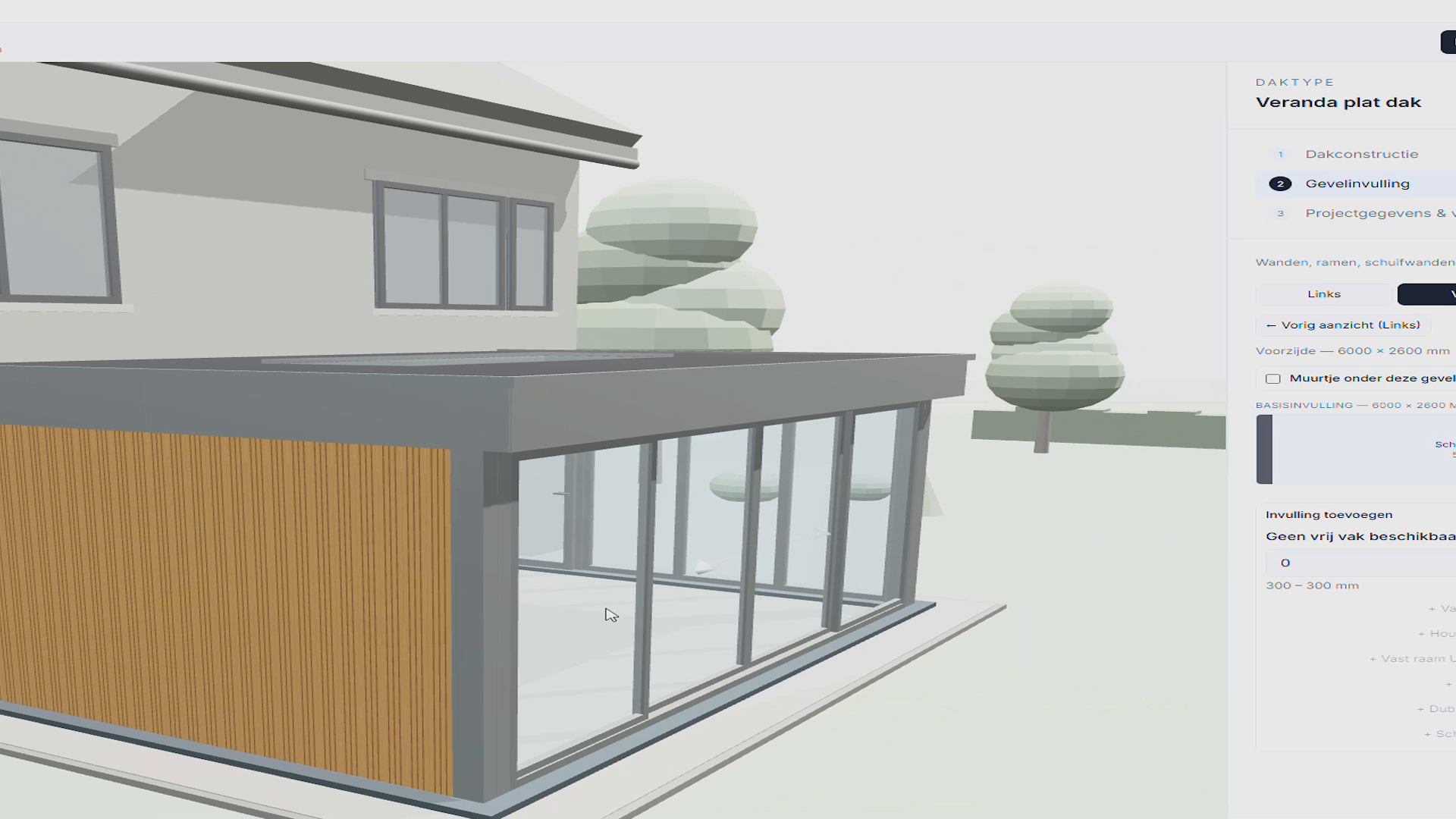 Resultaat van de configuratie met prijs en 3D-render van de overkapping.