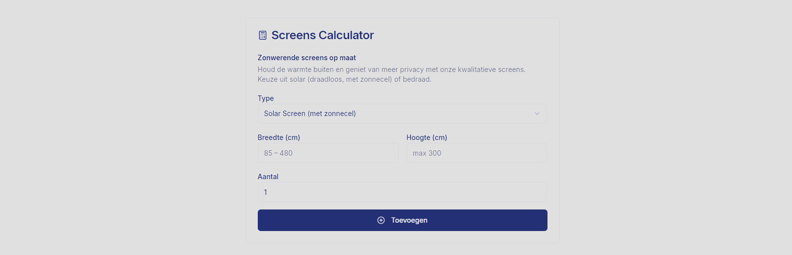 Screens Calculator — invoerformulier met type, breedte, hoogte en aantal.