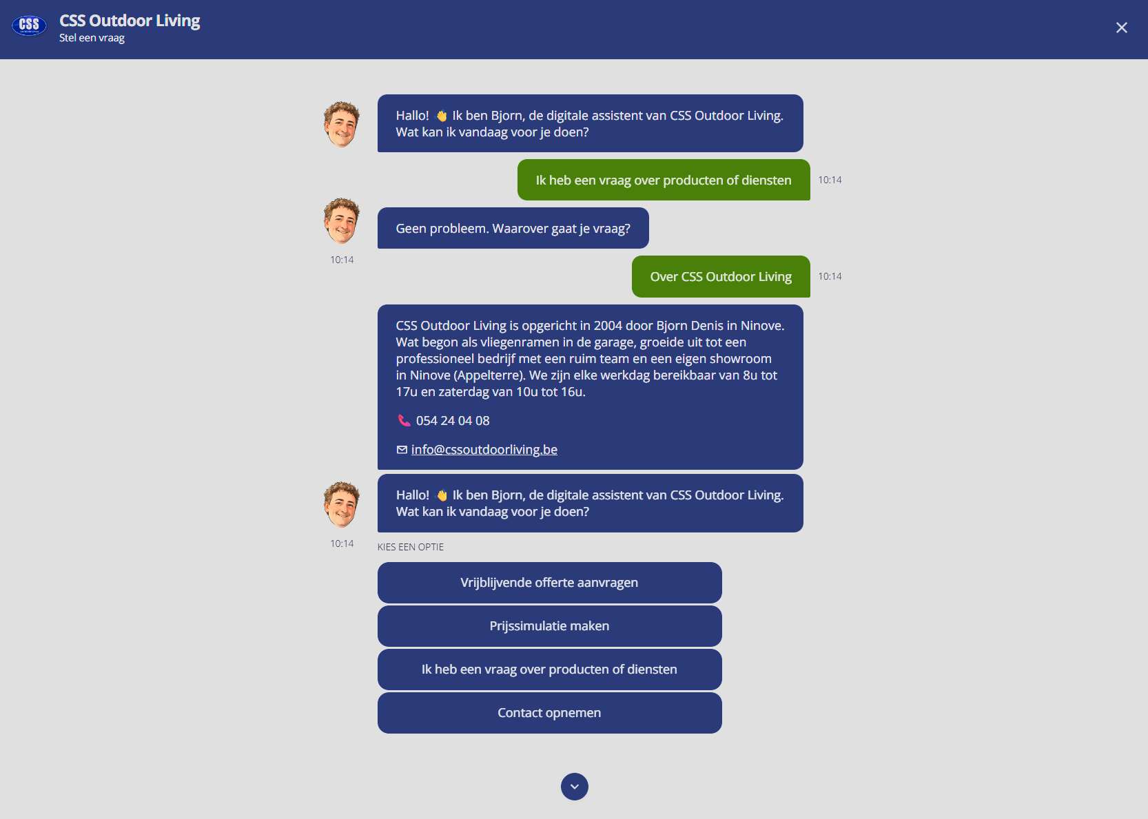 Chatbot-startscherm van CSS Outdoor Living met begroeting en keuzeopties.