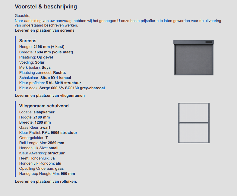 Gegenereerde offerte-PDF met voorstel, productomschrijvingen en gekozen opties per product.