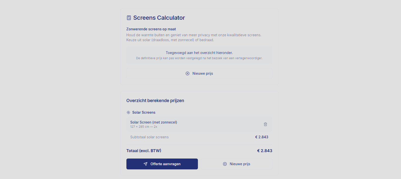 Overzicht van berekende prijzen met subtotaal en optie om een offerte aan te vragen.