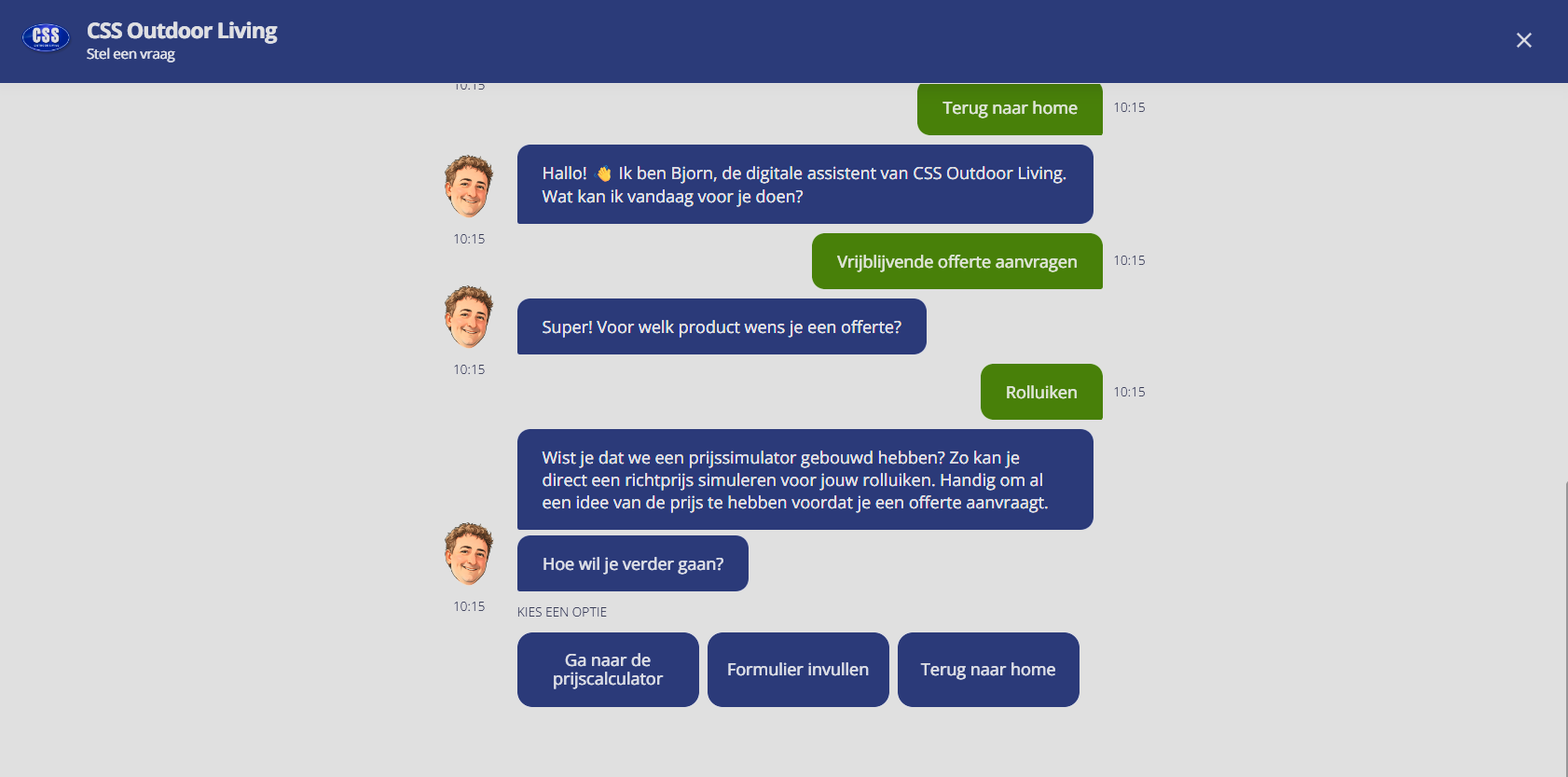 Chatbot van CSS Outdoor Living die een prijssimulatie voorstelt aan de bezoeker.