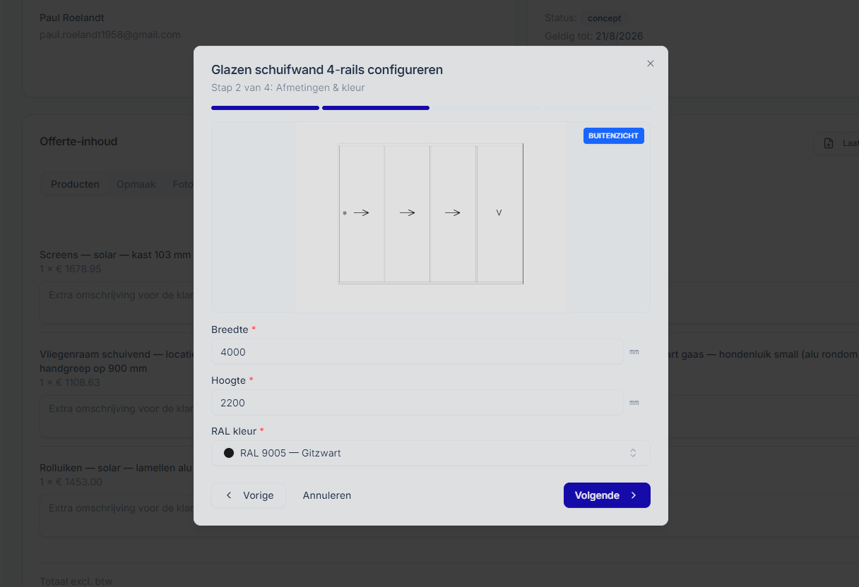 Glazen schuifwand 4-rails configureren — afmetingen en RAL-kleur invoeren.