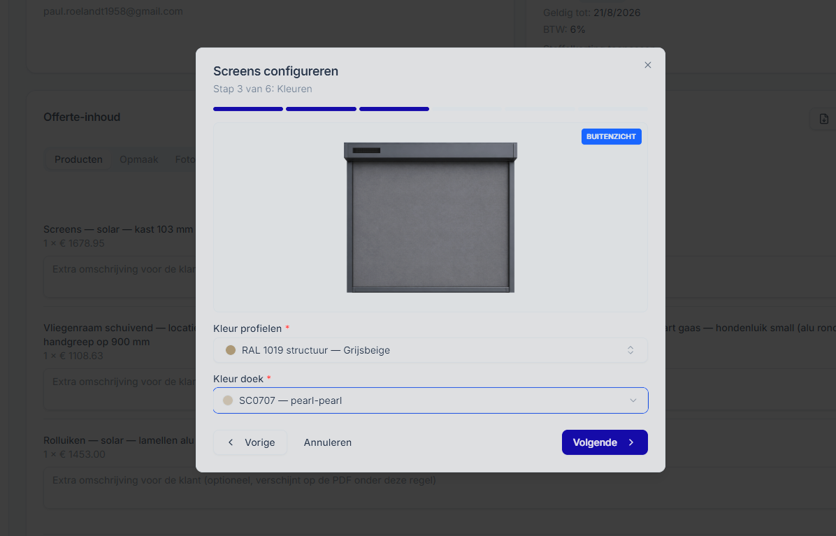Screens configureren — stap 3 van 6, kleur van profielen en doek selecteren.