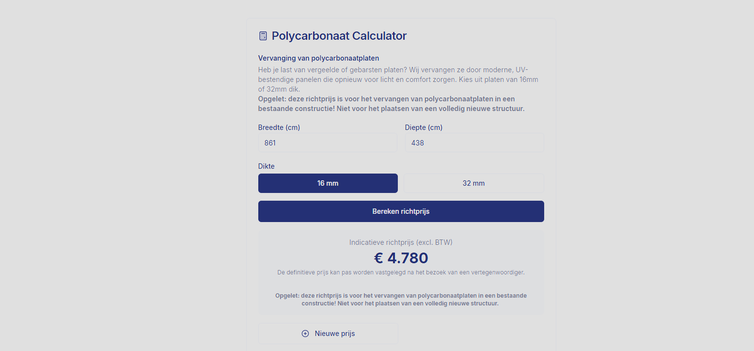 Polycarbonaat Calculator met invoervelden en indicatieve richtprijs.