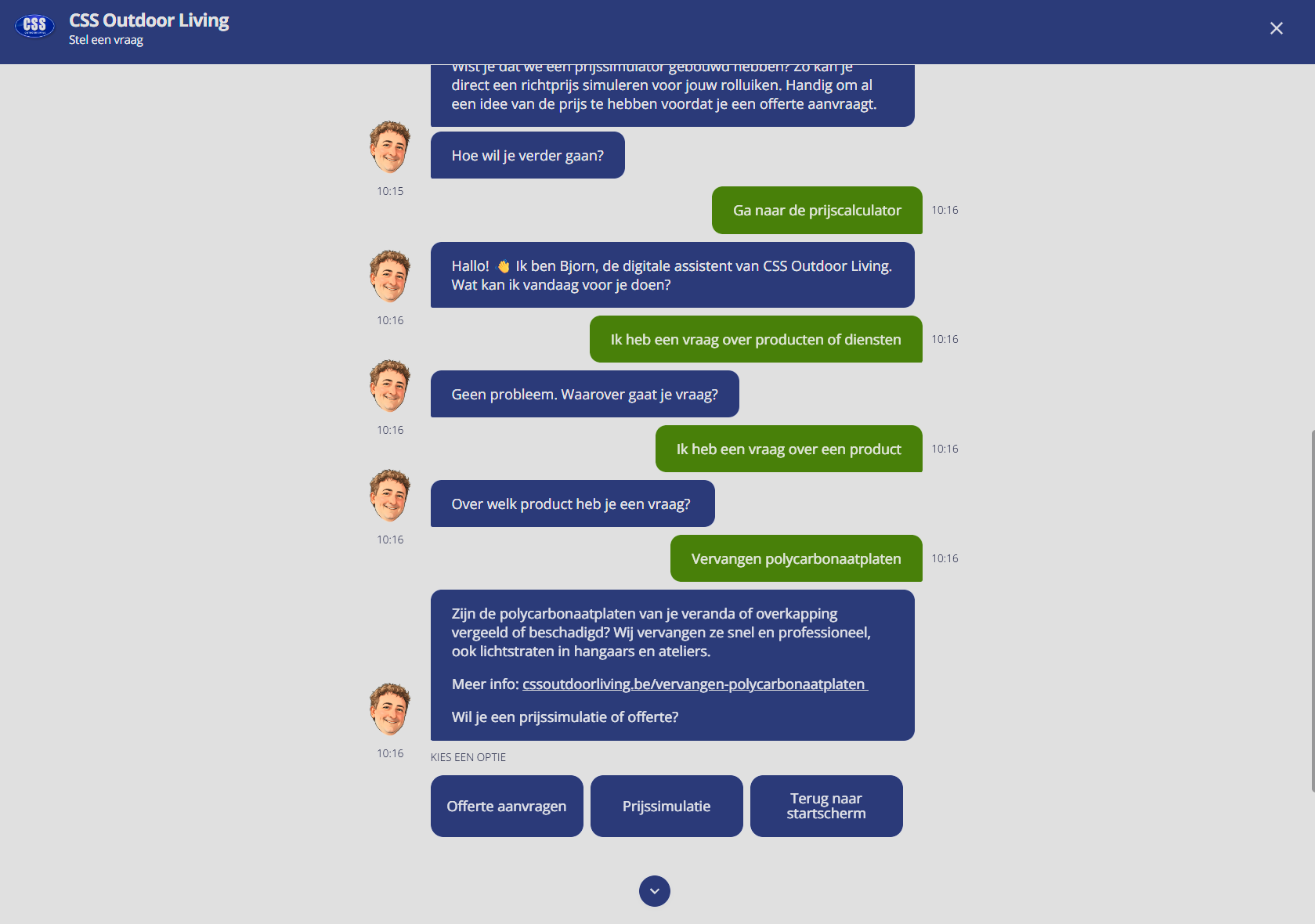 Chatbot van CSS Outdoor Living met productinformatie en vervolgacties.