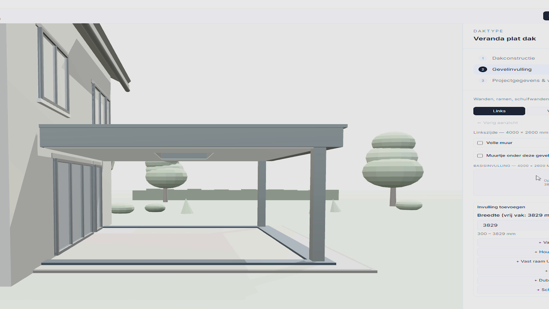 Visuele configuratietool — terrasoverkapping configureren met live 3D-weergave.