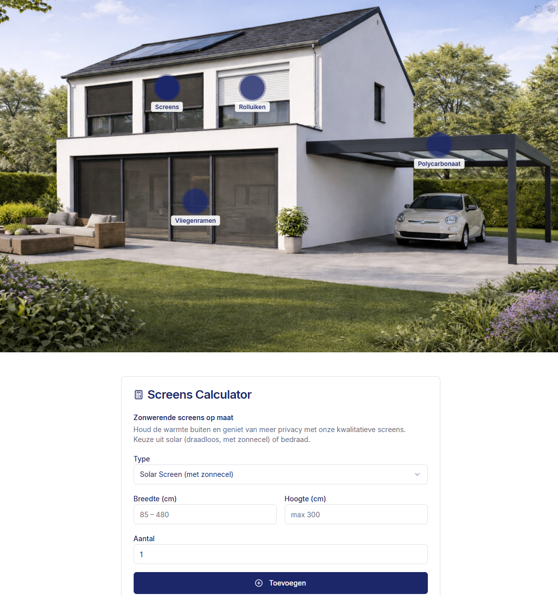 Nextools calculator op een woning met screens, rolluiken, vliegenramen en polycarbonaat